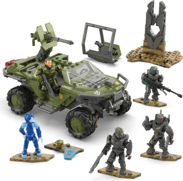 Mega Halo The Series Vehicle Building Toys Set, Fleetcom Warthog Atv With 469 Pieces, 5 Micro Action Figures, Poseable Articulation, Kids And Fans