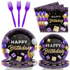 Purple Birthday Plates And Napkins Purple And Black Happy Birthday Party Supplies Tableware Set For 24 Guests Table Decorations