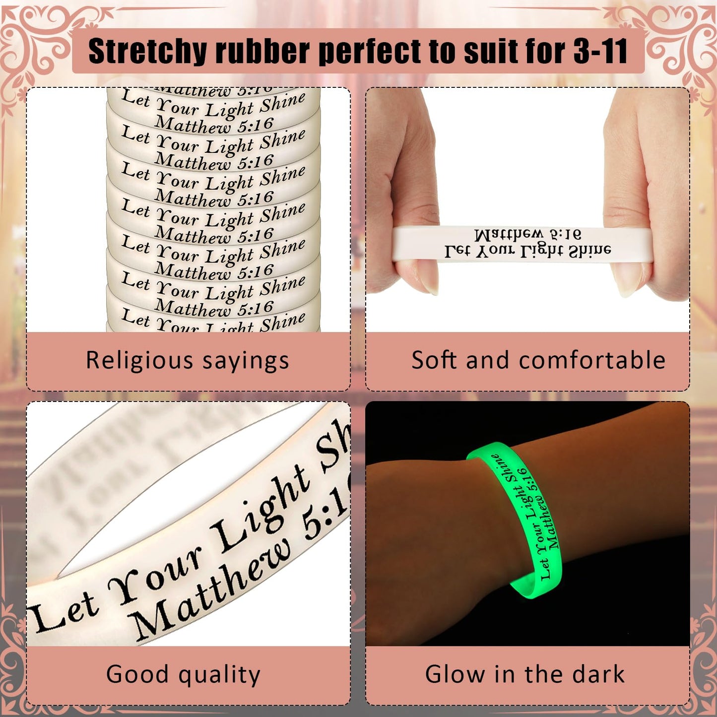 Chitidr 100 Pcs 8'' Christian Bracelets Let Your Light Shine Matthew 5: 16 Bible Verse Christian Wristbands Glow in the Dark Sil