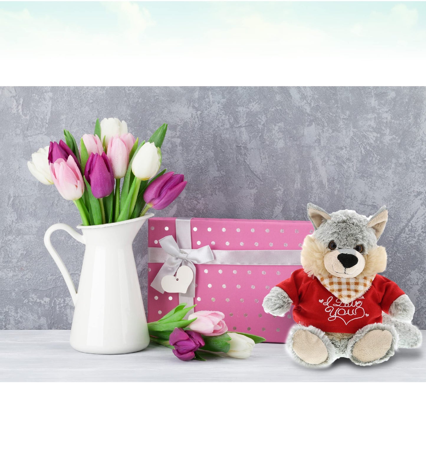 DolliBu I Love You Valentine Plush Sitting Wolf - Cuddly Soft Cute Stuffed Animal with Red Heart Shirt Gift for Valentines Day Birthday Present Anniversary Romantic Date - 9 Inches