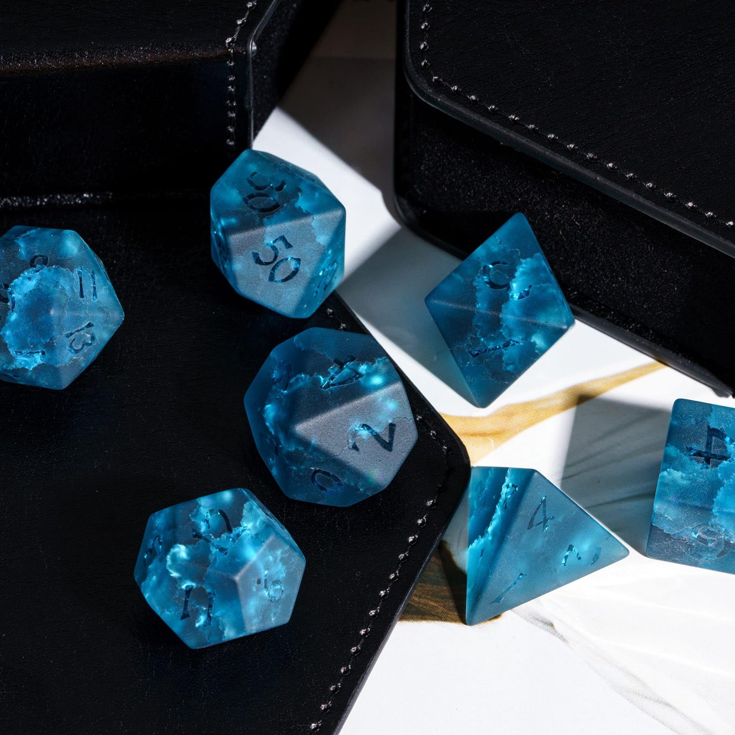 Udixi Blue Cracked Glass Dnd Dice Set, 7 Piece Glass Polyhedral Dice Set D&D For Dungeons And Dragon Tabletop Game