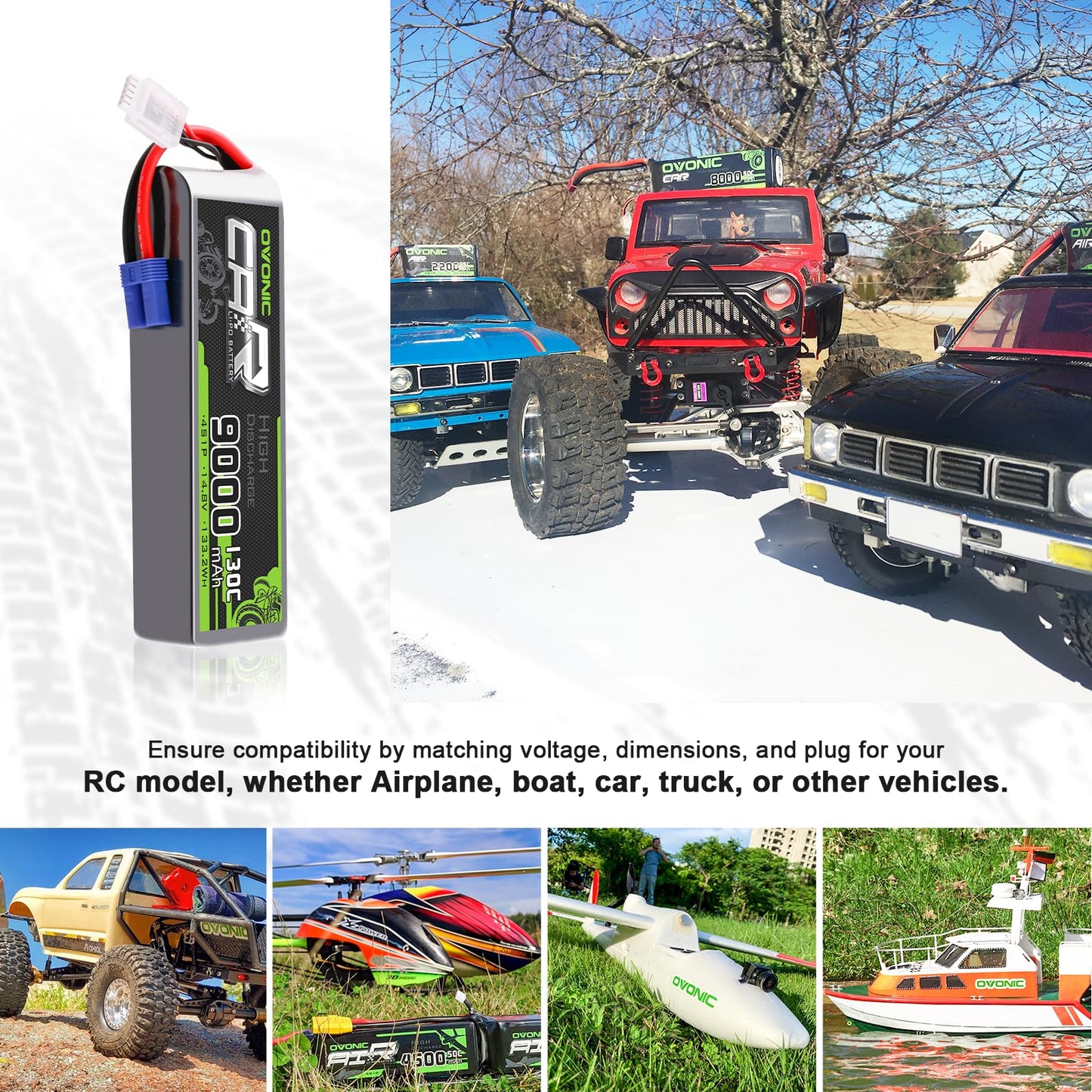 OVONIC 4S LiPo Battery 9000mAh 14.8V 130C RC Battery with EC5 Connector (2 Pack)
