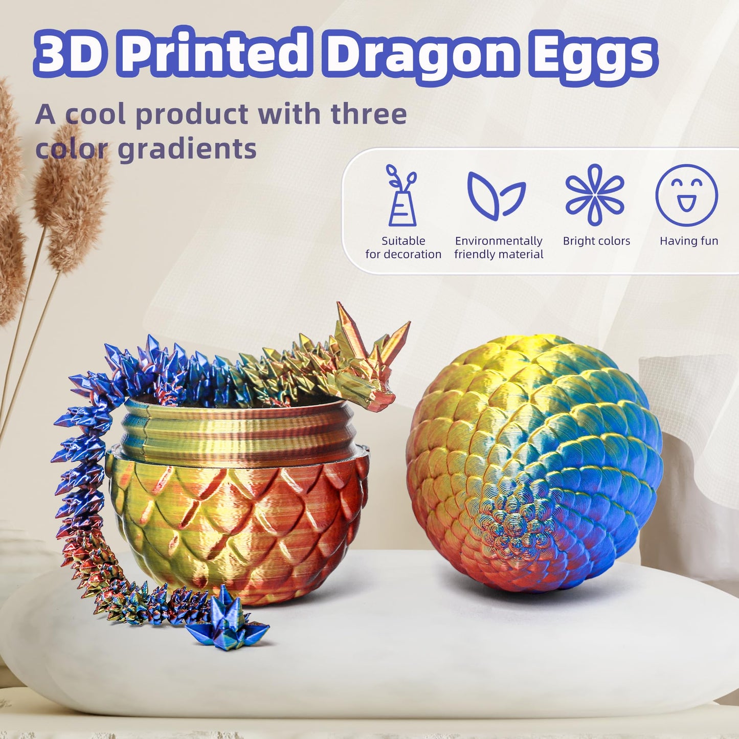Flavery 3D Printed Dragon In Egg - Flexible Crystal Dragon Inside, Colorful Fidget Toy, Birthday Gift, Desk Pet Figure, Easter B