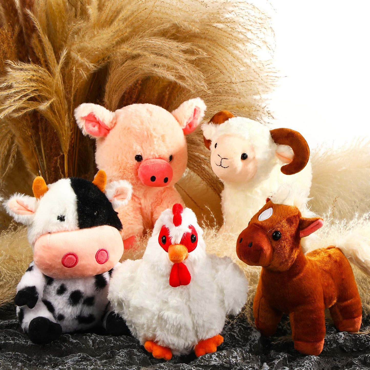 Skylety 5 Pack Farm Plush Animals Set 10 Inches Plush Farm Stuffed Animals Barnyard Stuffed Toys Soft Pig Rooster Horse Sheep Cow Plush Toy For Birthday Party Favor(Mixed Style)