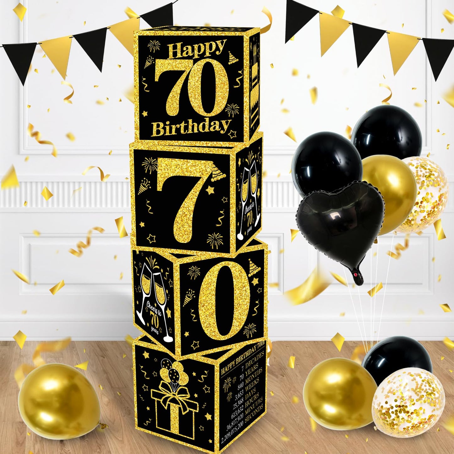 Toniful 4 Pcs 70Th Birthday Decorations Boxes For Men Women,Seventy Years Old Birthday Cardboard Box Party Supplies,Black And Go