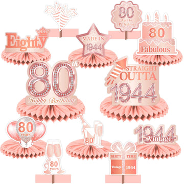 Happy 80Th Birthday Rose Gold Table Honeycomb Centerpieces Balloons Theme Decor Table Decorations Table Toppers For Girls Women Sweet Princess 80 Years Old Pink Birthday Party Bday Supplies Ornament