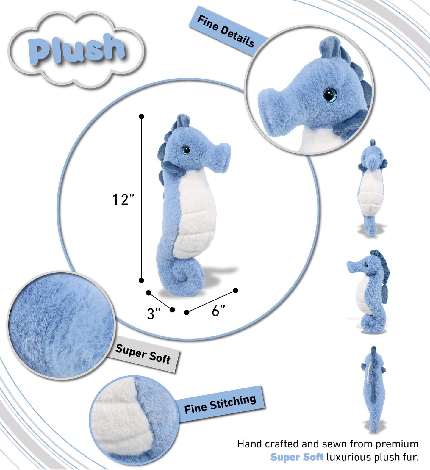 Dollibu Blue Seahorse Super Soft Stuffed Animal, Cute Realistic Stuffed Animals For Girls, Boys, Adults Animal Gifts, Kids Zoo O