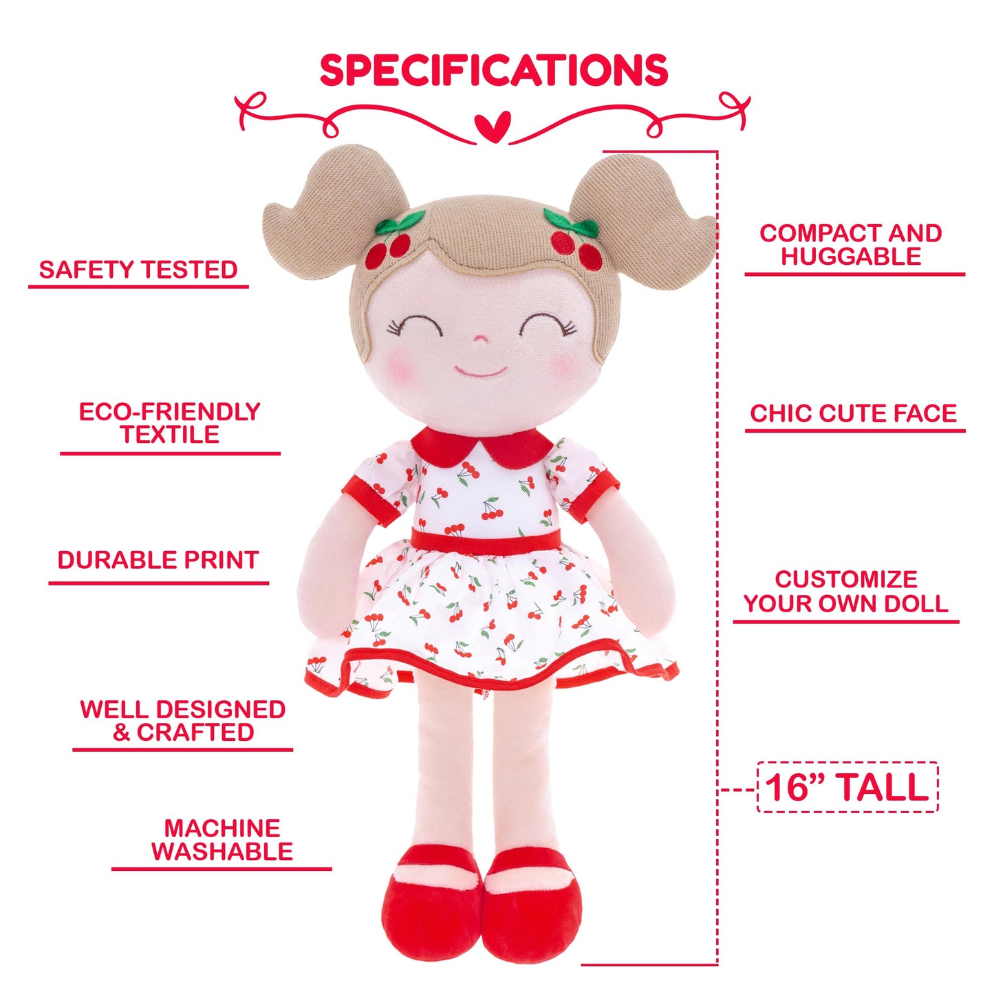Gloveleya Personalized Doll With Your Name - Cute Red Cherry Color Custom Soft Plush Doll For Girls Plush Doll Customized Gifts - Muñecas De Trapo Personalizadas Para Niñas