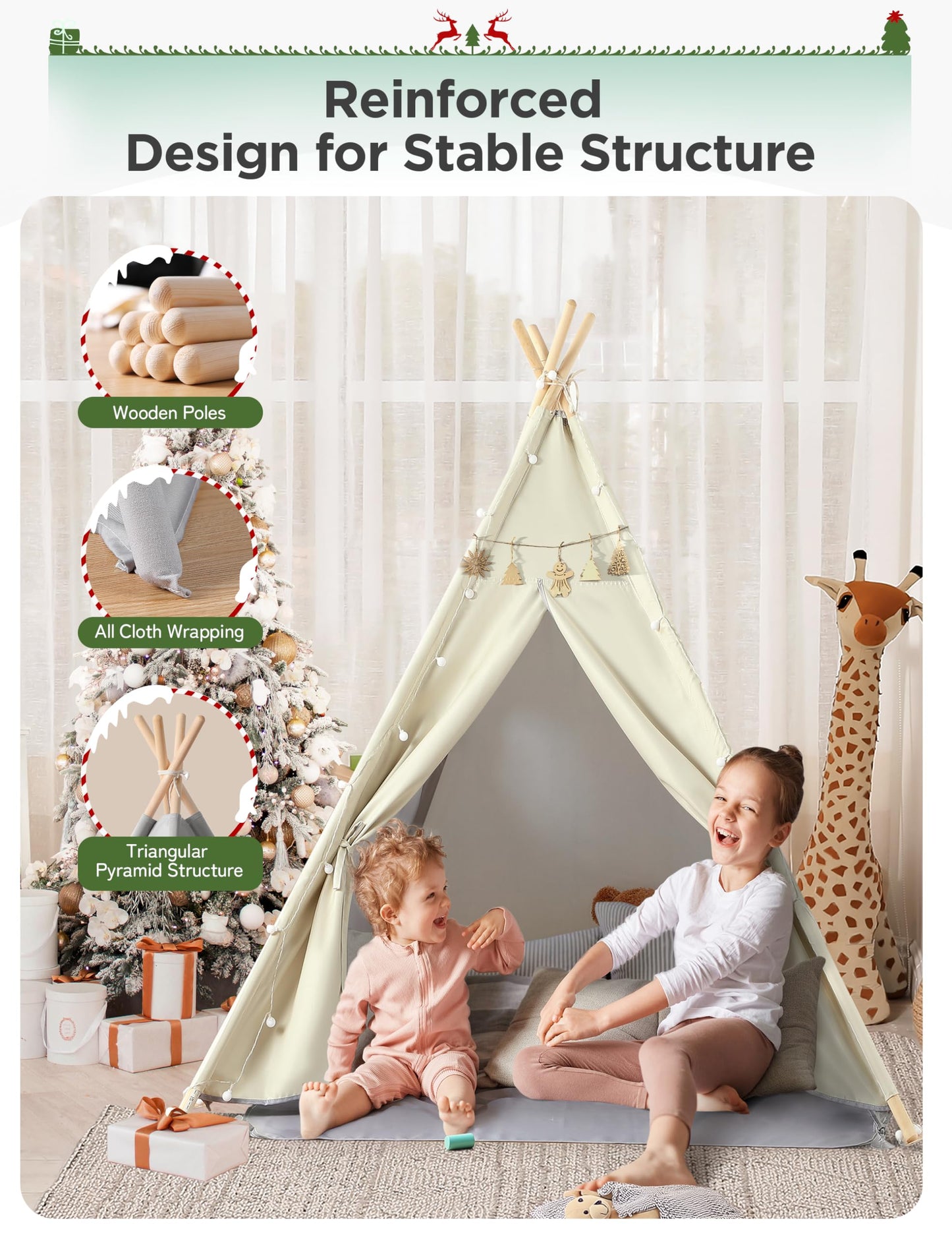 Besrey 2 In 1 Teepee Tent For Kids With Mat, Kids Tents Indoor With Light, Large Kids Tipi Tent With 2 Sided Design, Christmas Tent For Kids, Kids Teepee Tent For Boys Girls, Toddler Reading Tent