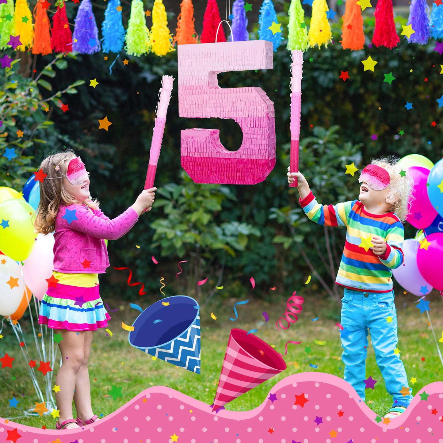Sratte Piñata Number 5 - Gradient Pink Birthday Decorations with Stick, Blindfold & Confetti for Girls & Boys Party Supplies