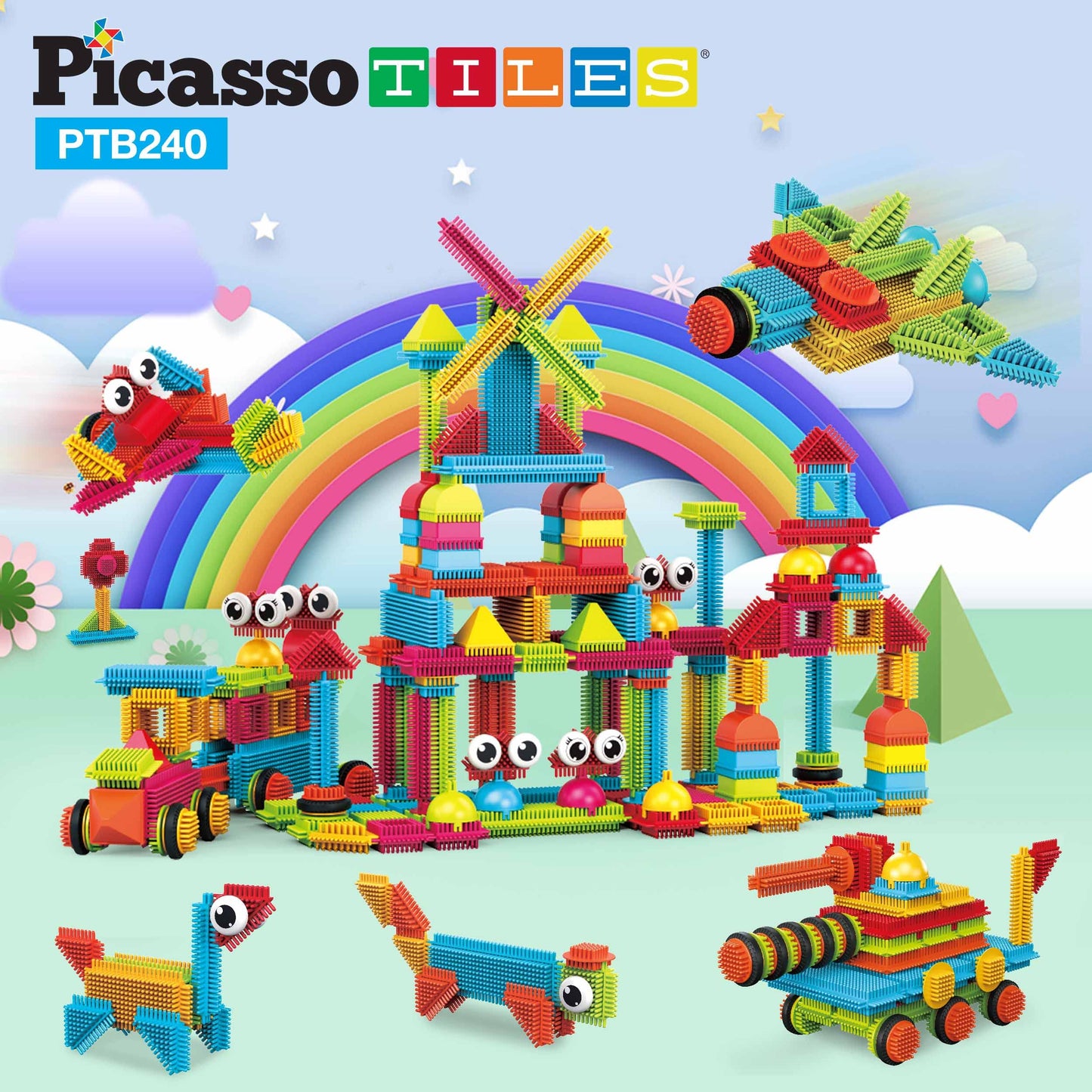 Picassotiles 240Pcs Hedgehog Interlocking Building Shape 3D Blocks, Steam Educational, Creative, Fun Construction Playset, Senso
