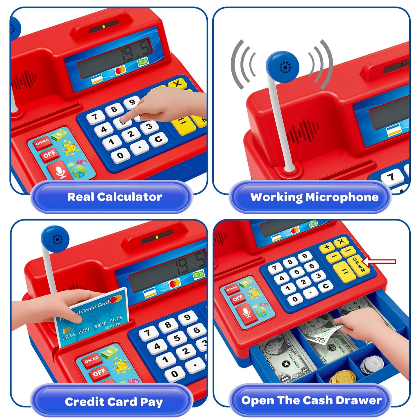 Pretend Play Calculator Cash Register - 73 Pcs Toy Cash Register, Microphone, Credit Card and Banking for Kids, Early Math Skill