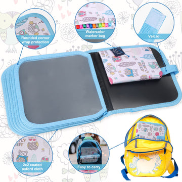 Qrytoi Erasable Kids Doodle Set, Magic Drawing Book, Reusable 12 Watercolor Pens, 14 Page Car Game Set (Owl Blue)