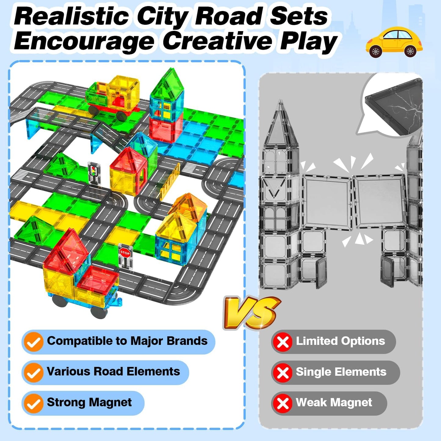 Magnetic Tiles Road Sets With Car, Magnetic Building Blocks Toys For 3+ Year Old Boys Girls, Montessori Magnet Kids Toys, Construction Toys For Ages 3 4 5 6 7 8 Christmas Birthday Gifts For Toddlers