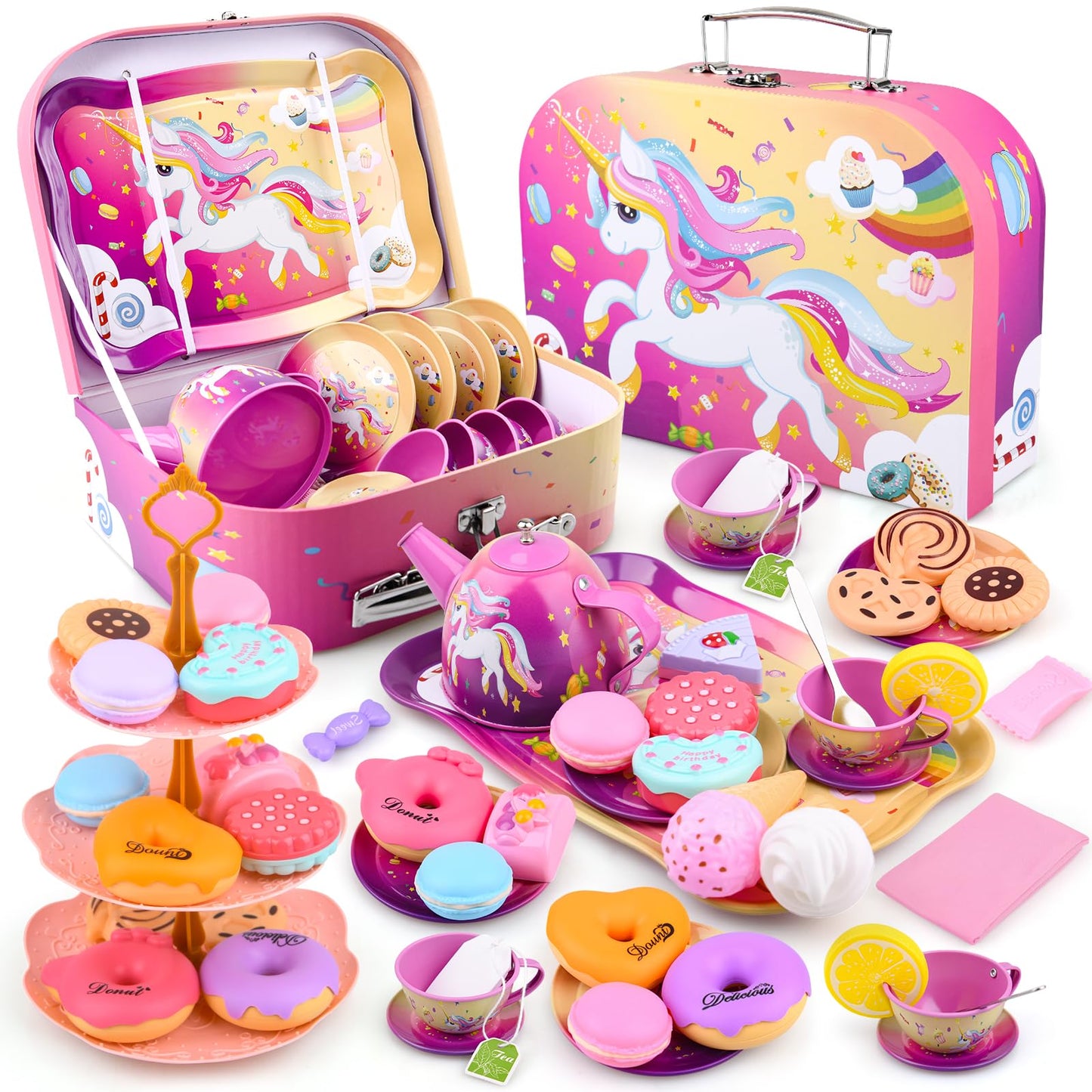 Auney 45PCS Tea Party Set Toys for Girls, Tin Unicorn Tea Set Pretend Play Toy Gifts for Little Girls Age 3-6, Kids Girls Toys G