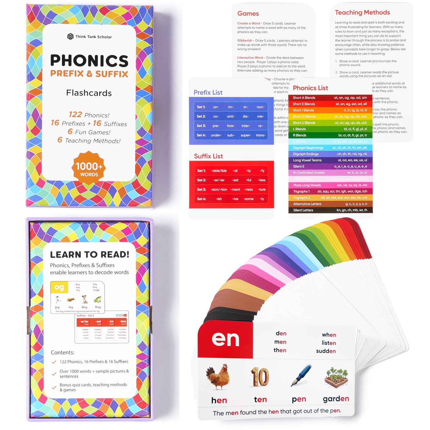 Think Tank Scholar Phonics Flash Cards + Prefixes & Suffixes (1000+ Words) 122 Phonics, 6 Teaching Methods & 6 Fun Learning Game
