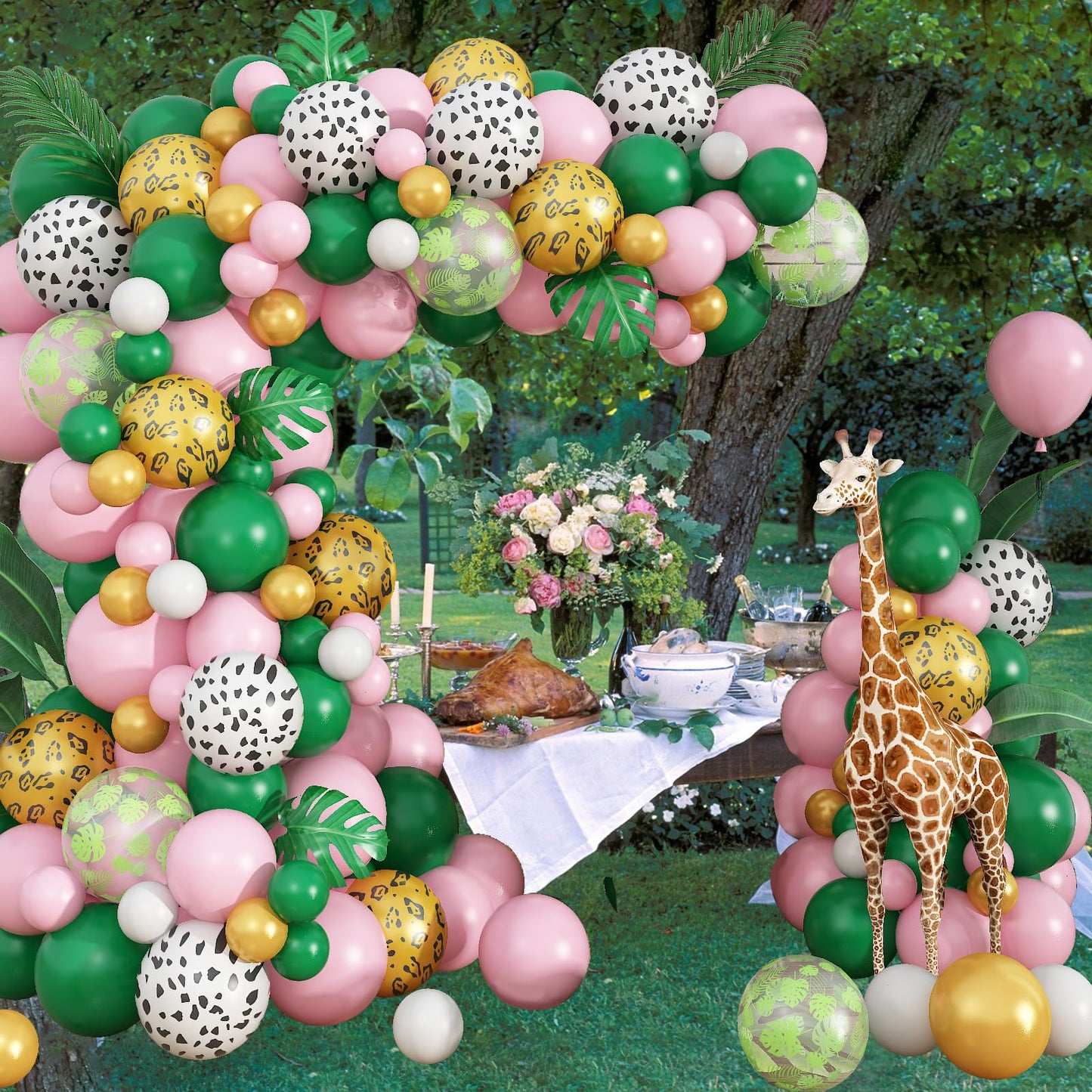 Safari Pink Balloon Garland Kit, Dark Green Pink White Cow Gold Leopard Animal Print Jungle Balloon Arch With Turtle Leaves For