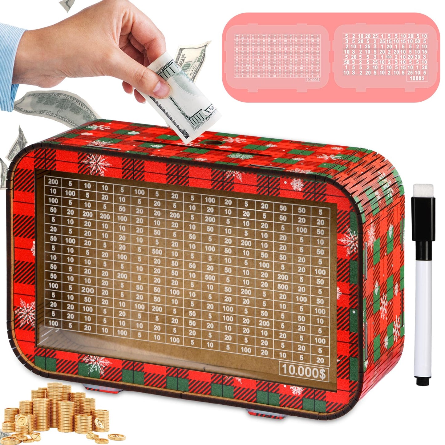 Giftota Christmas 2-In-1 Wooden Money Saving Challenge Box - Fully Assembled Piggy Bank (1000/10000) - Kakeibo Money Box With Co