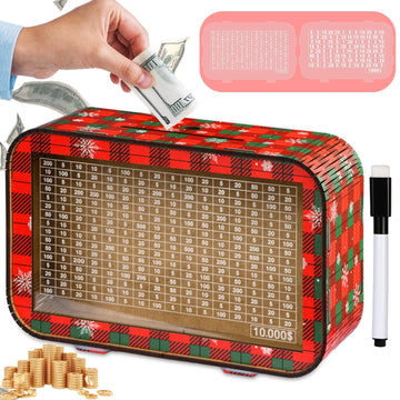 Giftota Christmas 2-In-1 Wooden Money Saving Challenge Box - Fully Assembled Piggy Bank (1000/10000) - Kakeibo Money Box With Co