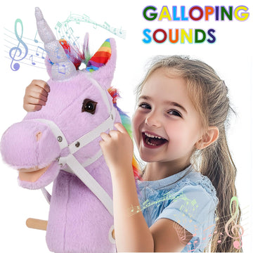 Plyfou Plush Stick Horse With Wood Wheels Real Pony Neighing And Galloping Sounds Toy, Horse On A Stick For Toddlers & Preschool