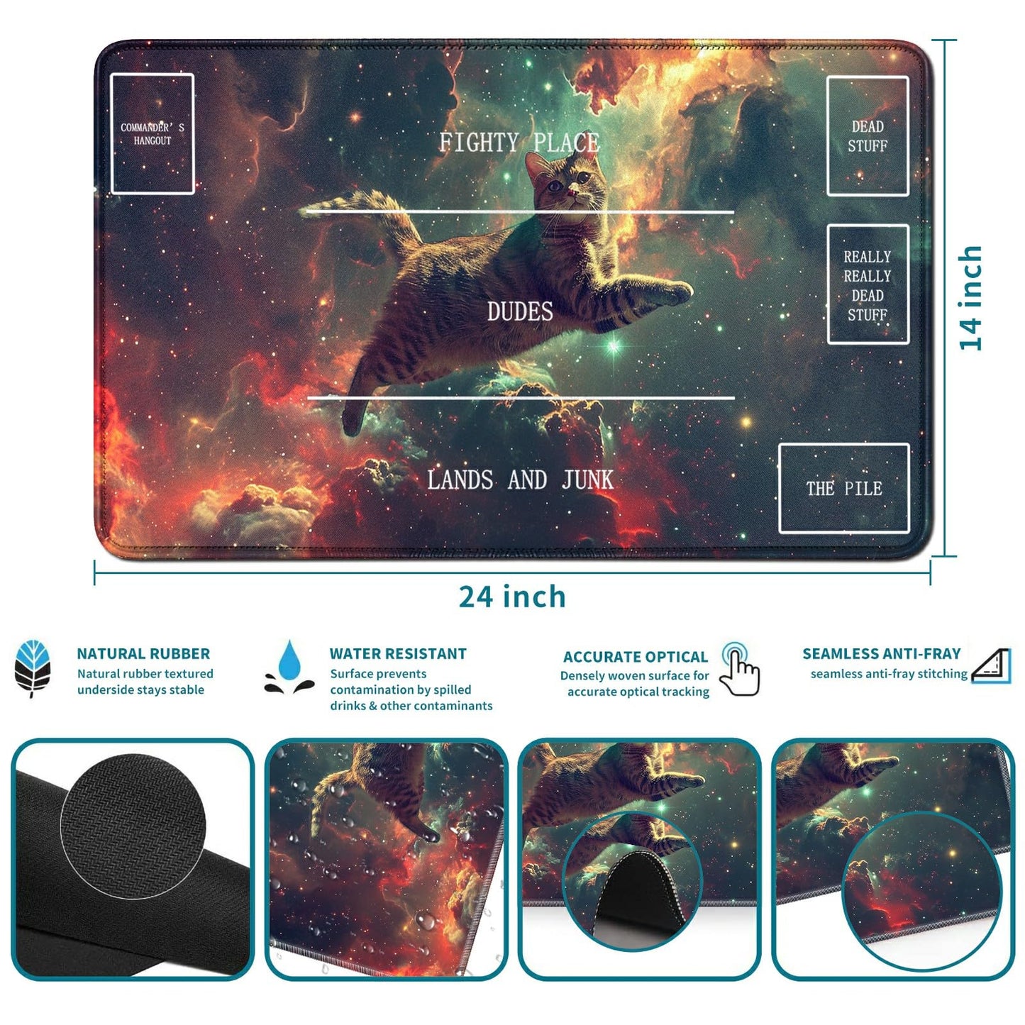 Rwutytiul Galaxy Cat Card Playmat 24 X 14 Inch With Tube Bag, Card Gameplay Board With Zones Commander Deck Mtg Rpg Ccg Tcg Card