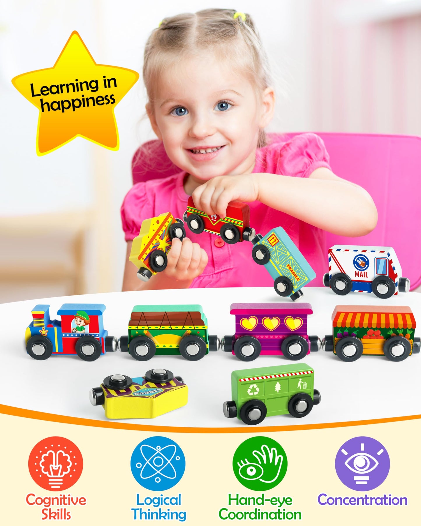 Vanmor Wooden Magnetic Train Set For Toddlers,10-Piece Educational Toy Cars With Magnets, Includes Storage Bag, Skill-Building Wooden Trains For Boys & Girls, For Kids 3-5 And 4-8 Years