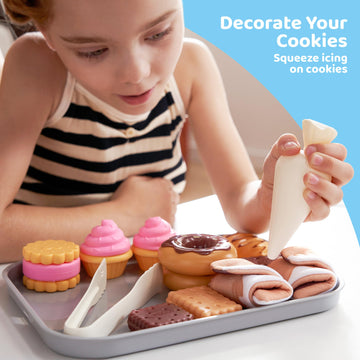 Cookie Play Food Set, Toddler Pretend Play Toys, 17 PCS Kitchen Toy Food Sets with Plastic Cookies, Baking Menu, Bakery Tray, an