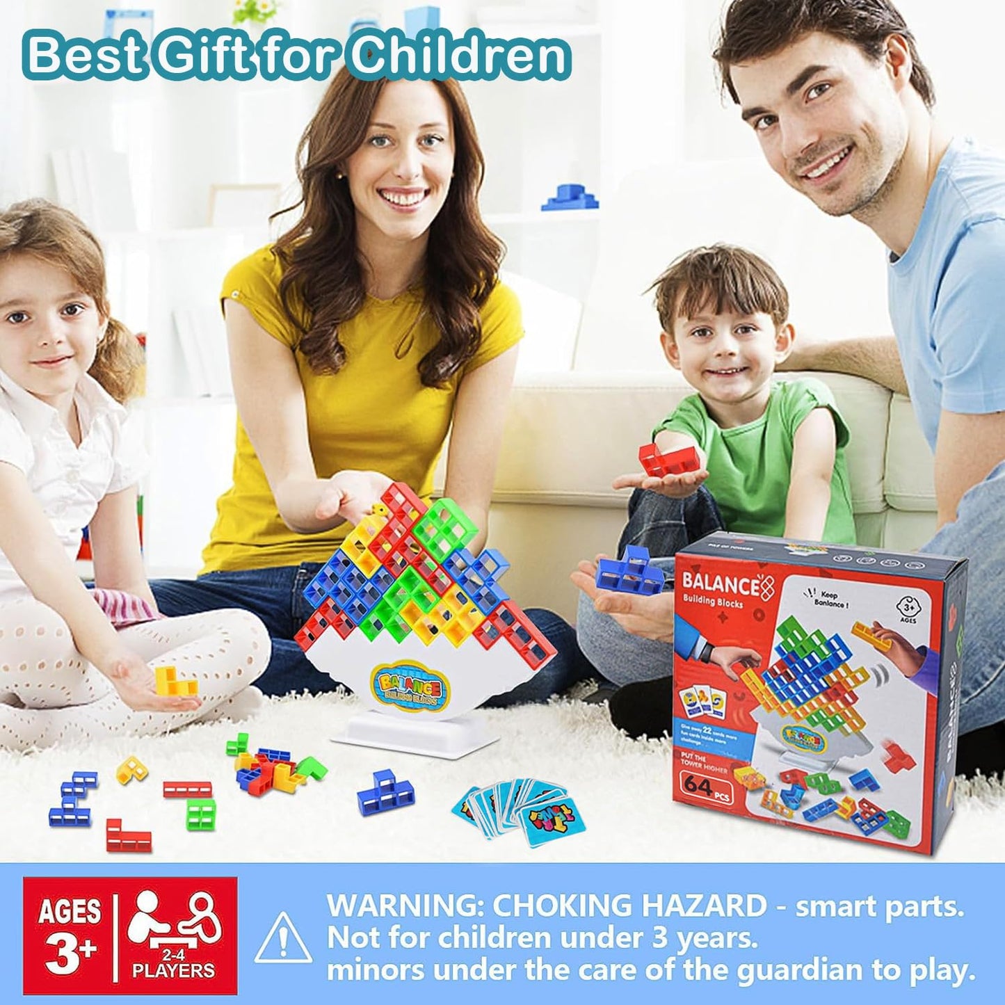 Towingo 64Pcs Tetra Tower Game, Stack Attack Board Game For Kids And Adults, Fun Uzzle Family Games Team Toys Building Block