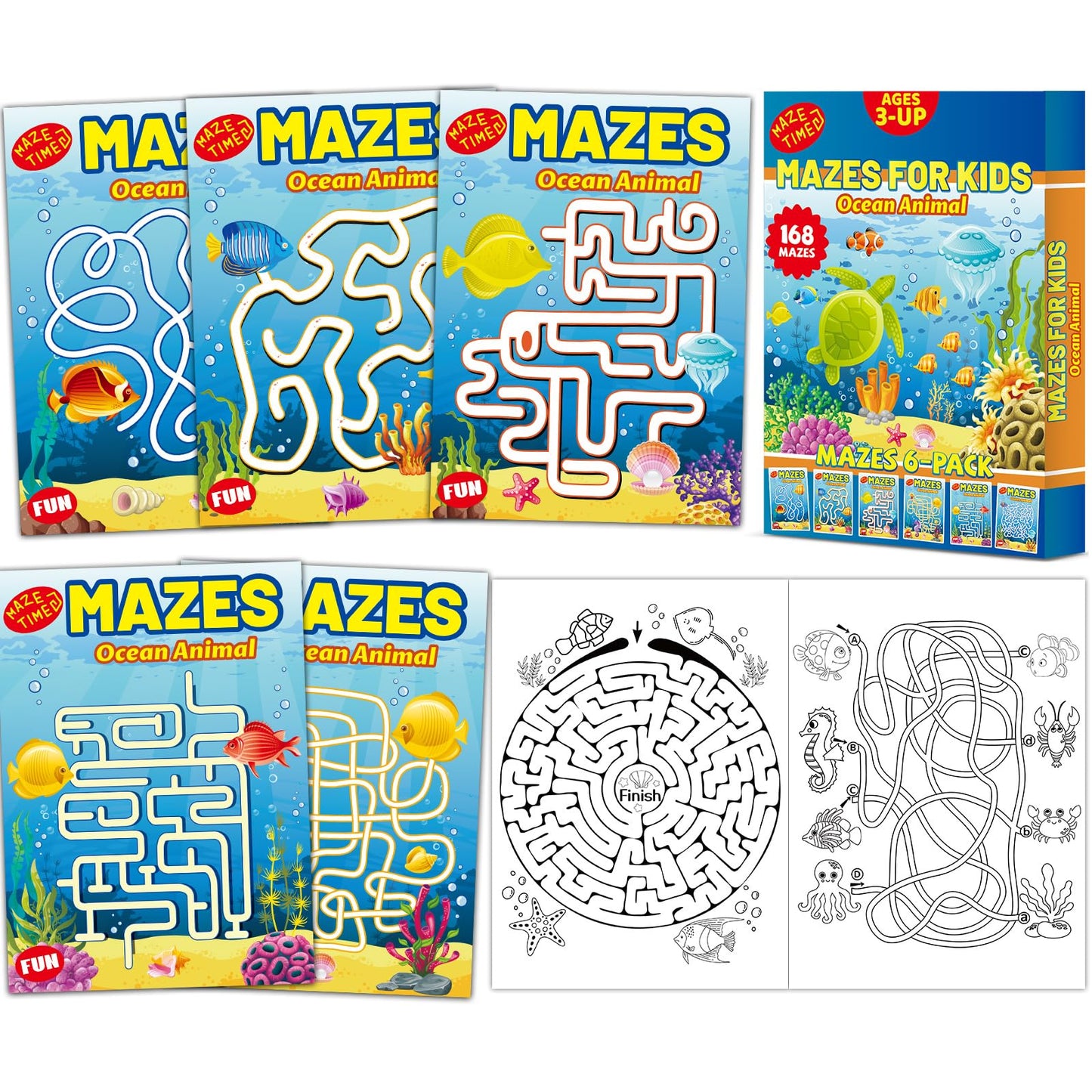 Wiooffen 168 Pages Under The Sea Maze Books For Kids Ages 3-8, 6-Pack- 6 Beginner Level Kids Activity Books Busy Books Ocean Ani