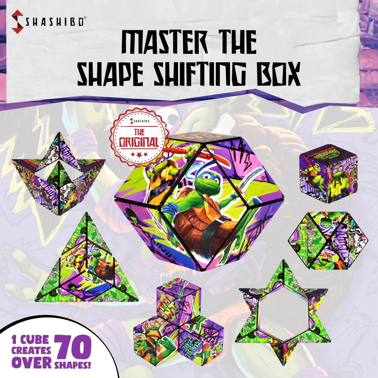 Shashibo Teenage Mutant Ninja Turtles Shape Shifting Box - Award-Winning, Patented Magnetic Puzzle Cube W/36 Rare Earth Magnets - Fidget Cube Transforms Into Over 70 Shapes (Donnie Series 2)