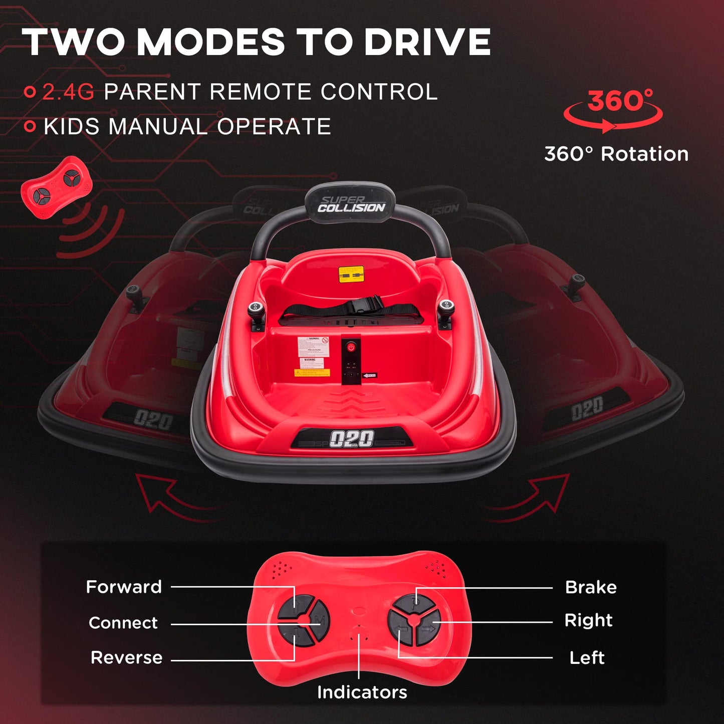 Aosom 12V Toddler Bumper Car With Remote Control, 360° Rotation Kids Electric Ride-On Toy, Twins Motor, Colorful Led Lights, 3 Songs, For Boys And Girls, Red