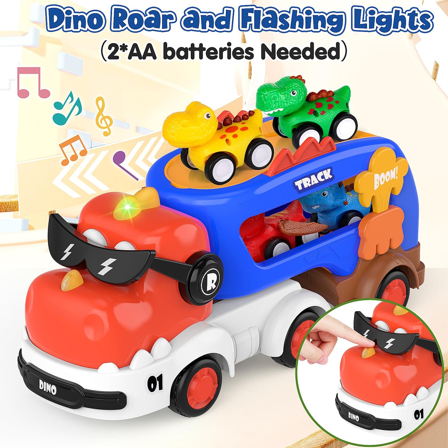 Funmission 5-In-1 Dinosaur Toys For Kids 3-5, Dinosaur Truck With 4 Pack Small Pull Back Dino Car, Dinosaur Cars Set, Birthday,