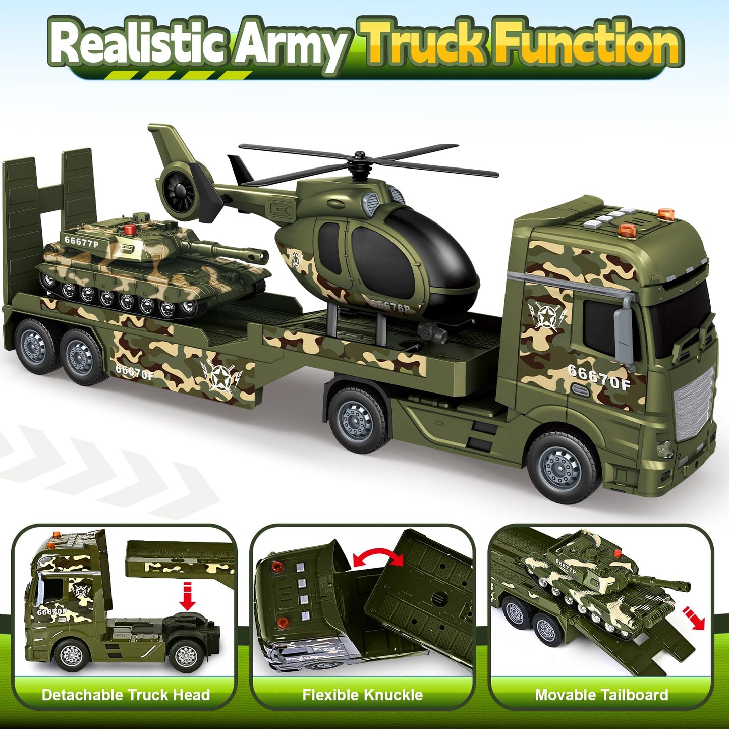SpringFlower Toddler Boy Toys, 3 in 1 Large Army Truck Toy with Helicoper and Tank, Military Transport Truck Toy, Christmas Birt