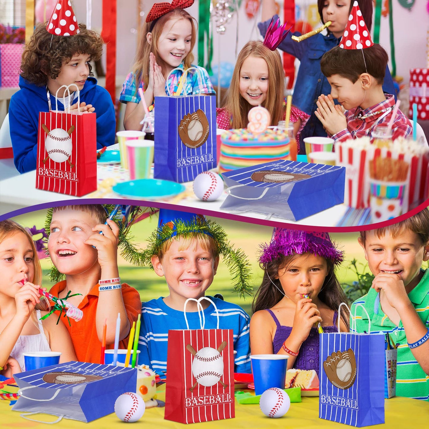 Mtlee Baseball Party Favors - 36 Pieces Set Includes 12 Paper Bags, 12 Silicone Bracelets, 12 Mini Foam Baseballs