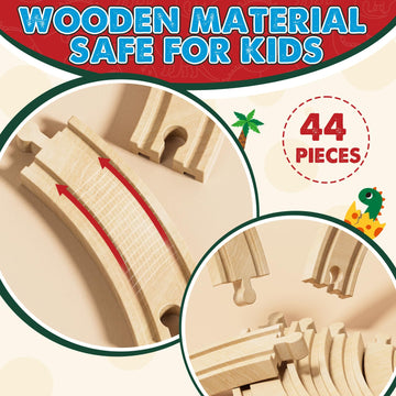 Lehoo Castle Dinosaur Wooden Train Set, Natural Wood, Fits Thomas & Brio, Ideal for Toddlers 2-5, Model WTT-001