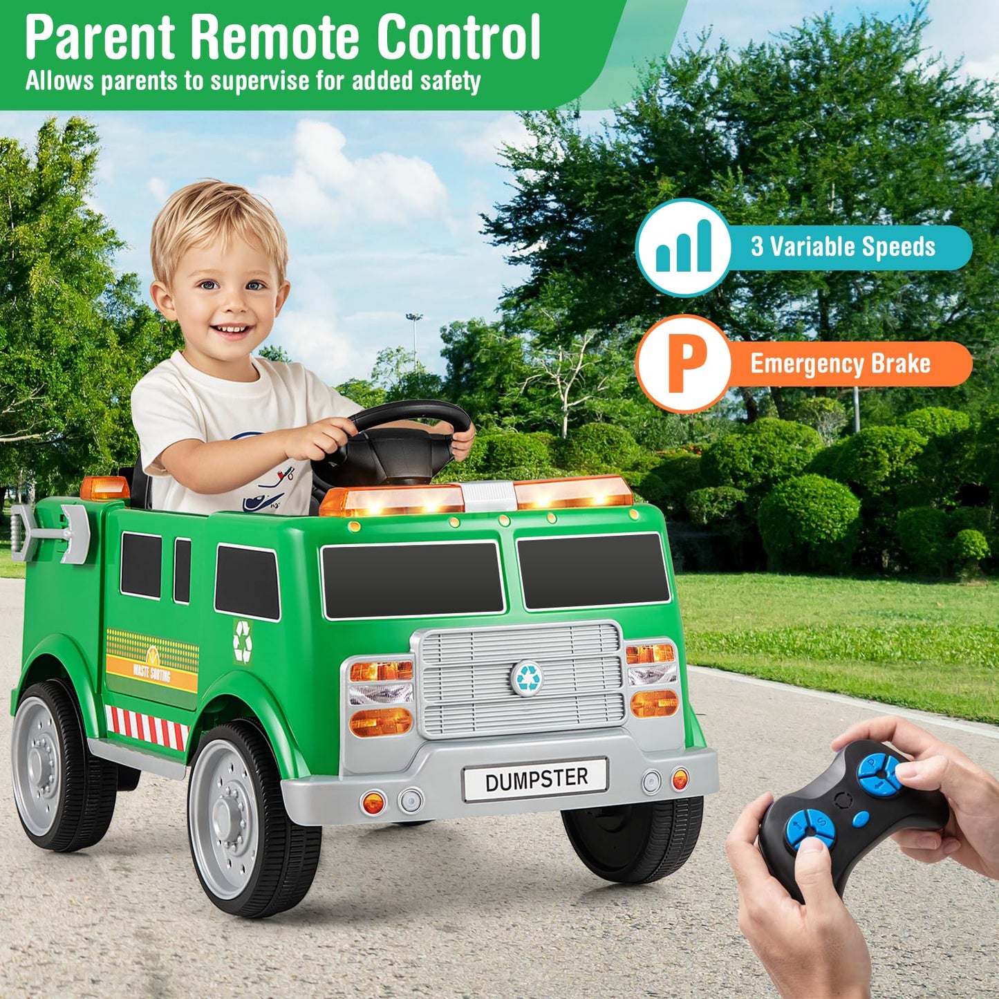 Costzon Ride on Garbage Truck, 12V Battery Powered Kids' Electric Vehicles w/Remote Control, Trash Bin/Shovel/Lights/Sound Effec