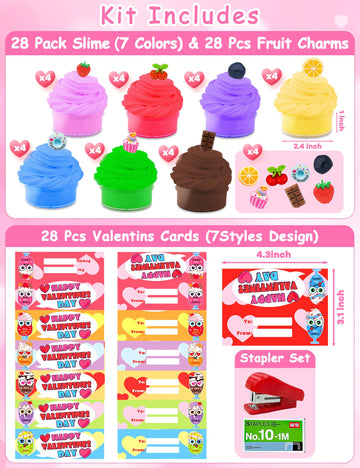 28 Pack Prefilled Valentines Butter Slime With 28 Valentines Day Gifts Cards For Kids, 7 Color & Fruit Charms Diy Valentine Slim