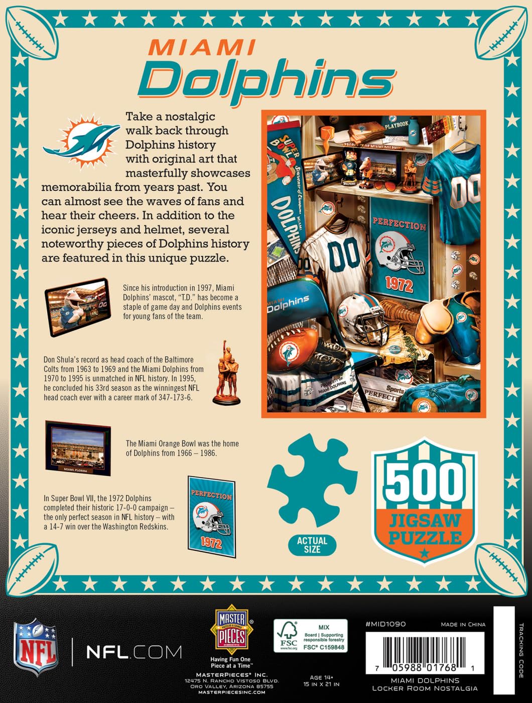MasterPieces Game Day 500 Piece Jigsaw Puzzle for Adults - NFL Miami Dolphins Locker Room - 15x21