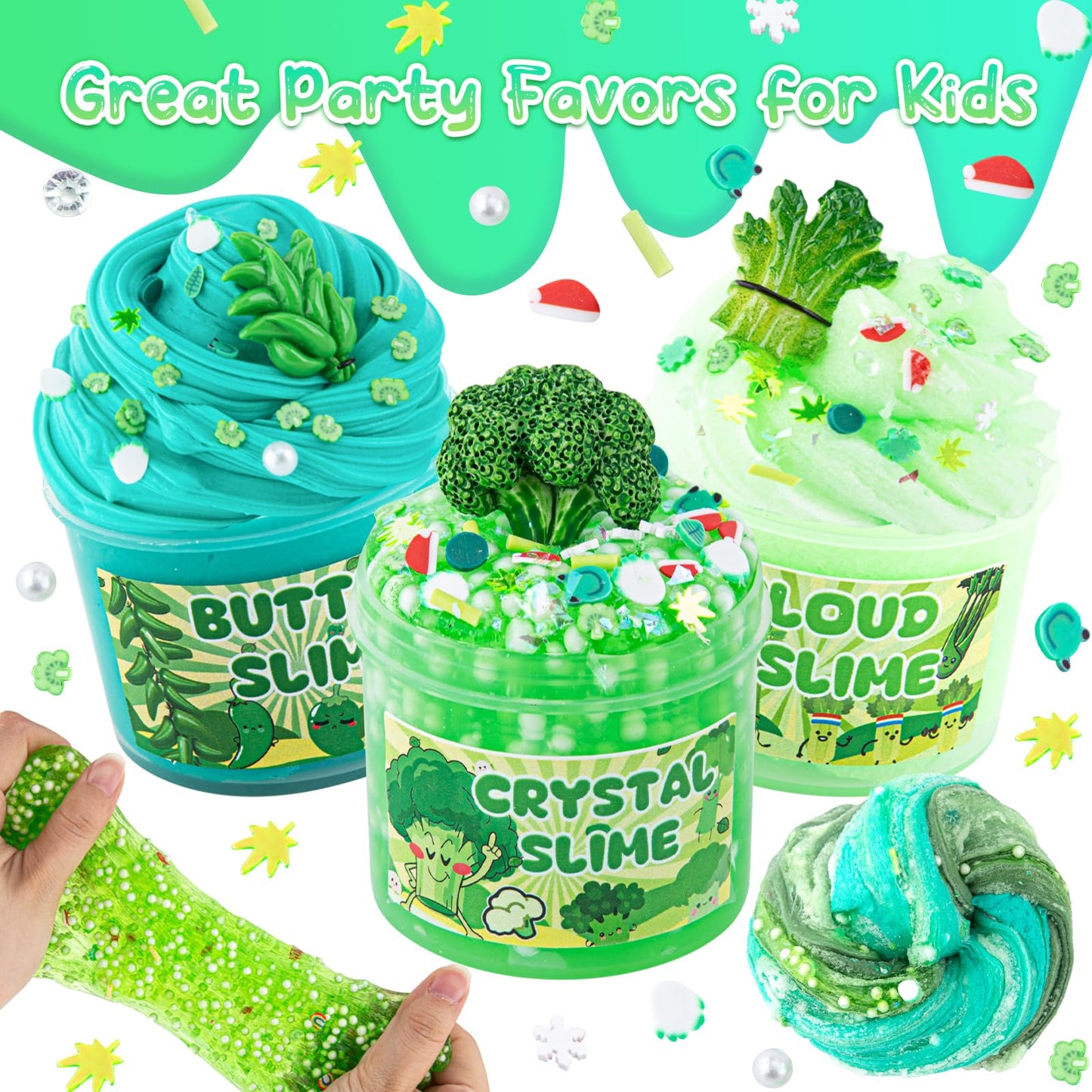 6 Packs Gradient Green Slime Kit - Cloud Slime, Butter Slime & Clear Slime, Crunchy Slime For Kids With Various Slime Add-Ins, Non Sticky Slime Party Favors For Girls And Boys, 360Ml Vegetable Slime