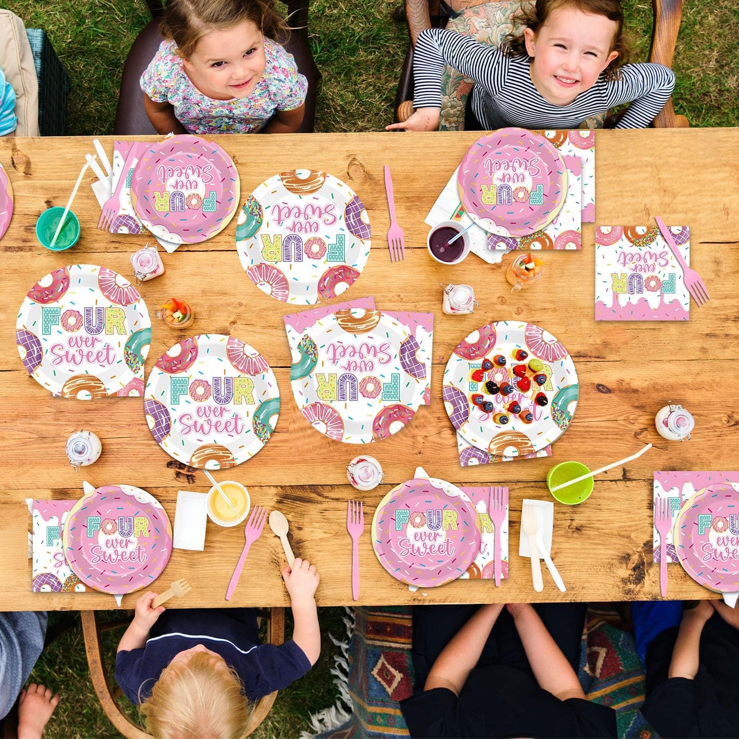 96 Pcs 4Th Birthday Donut Party Decoration For 24 Guests Four Sweet Donut Plates Napkins Donut Themed Tableware Set Table Supplies 4Th Birthday Pink Party Favor For Girls Kids Sweet Donut Party