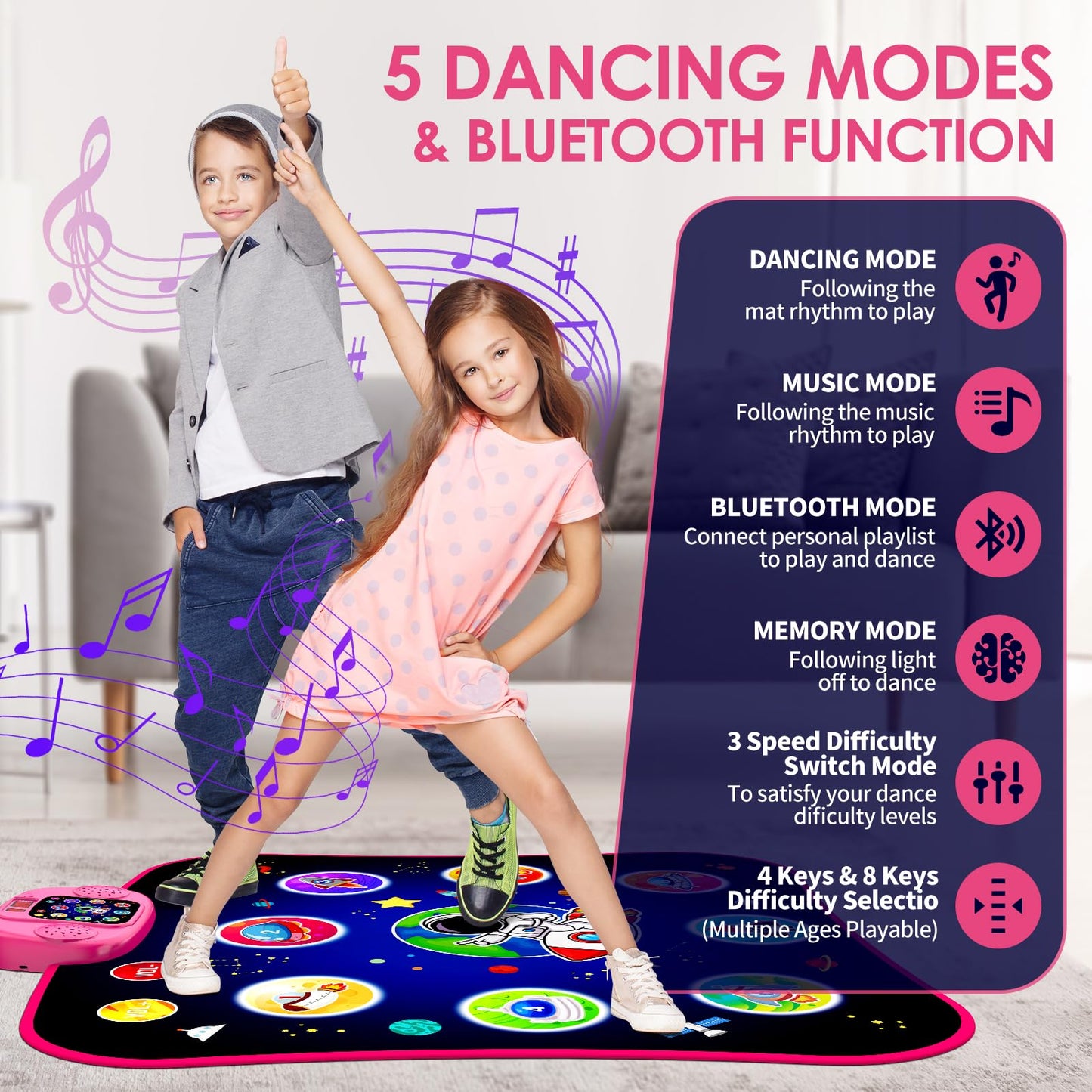 OMOZOMBB Gifts for 7 Year Old Girl Toys Age 6-8 Electronic Dance Pad with Light-up 8 Button Bluetooth Music Dance Mat with 5 Gam