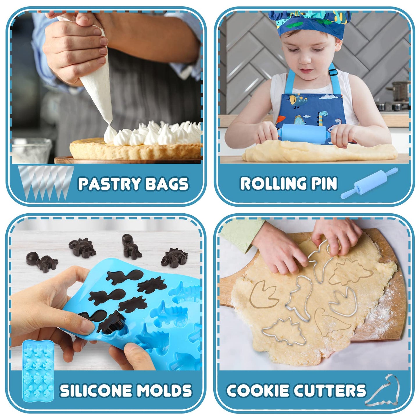 Aoskie Kids Baking Set with Dinosaur Apron and Chef Hat, Cooking Chef Set Baking Supplies Dress Up Role Play Toys Gift for 3-8 Y
