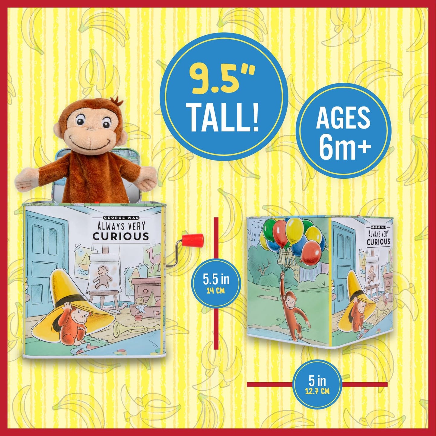 KIDS PREFERRED Curious George Jack-in-The-Box Musical Toy for Babies, Yellow, Small Size, Fun & Interactive Gift