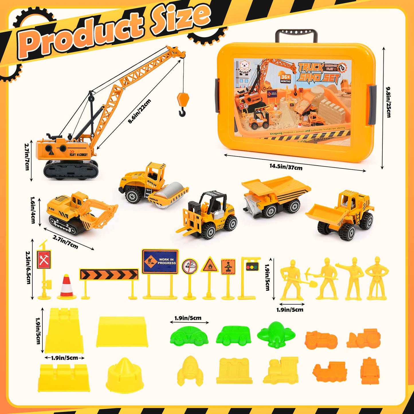 Toylink Construction Sandbox Toys Kids Play Sand Kit, 3.1lbs Sand & Large Tower Crane & 5 Trucks & 13 Signs & 14 Molds, Beach Bu