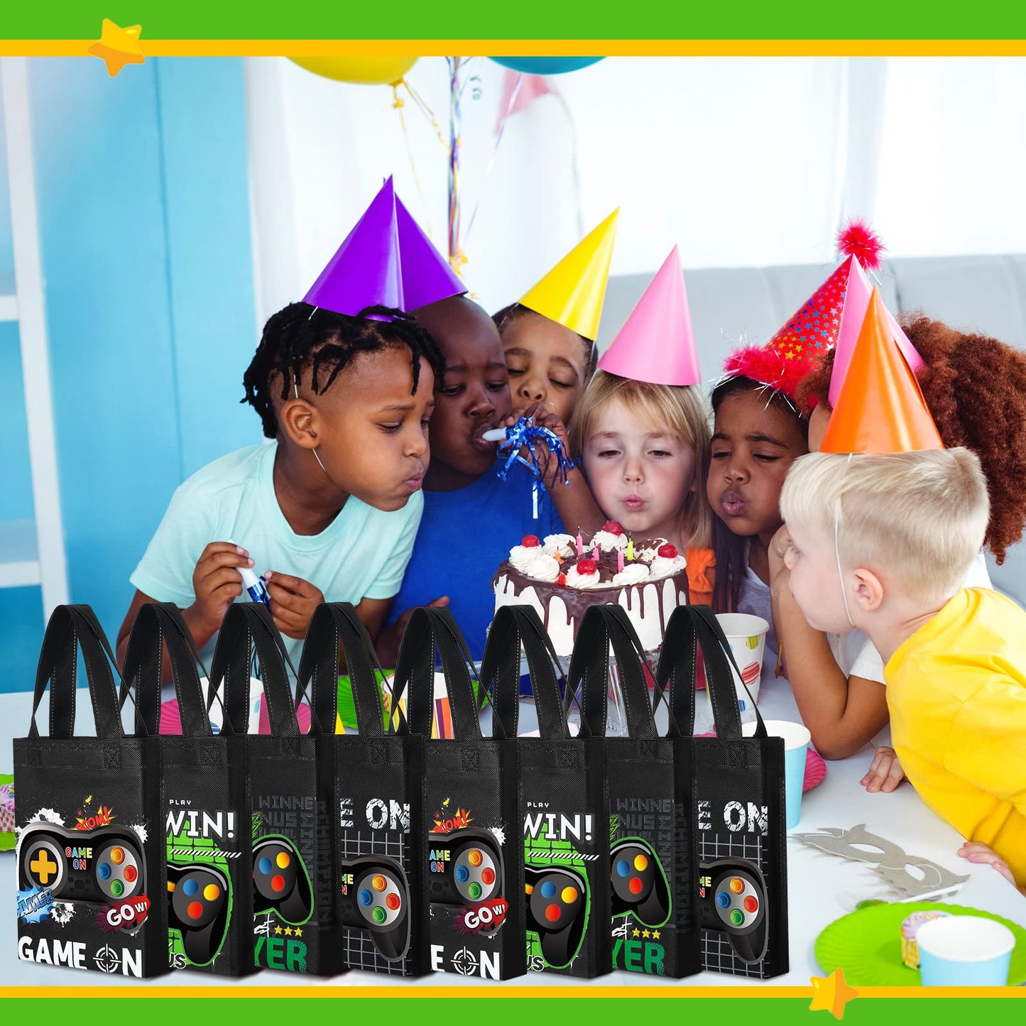 Ferraycle 24 Pack Video Game Themed Gift Bags Video Game Party Favors Non Woven Reusable Goody Treat Bags With Handles (Black An