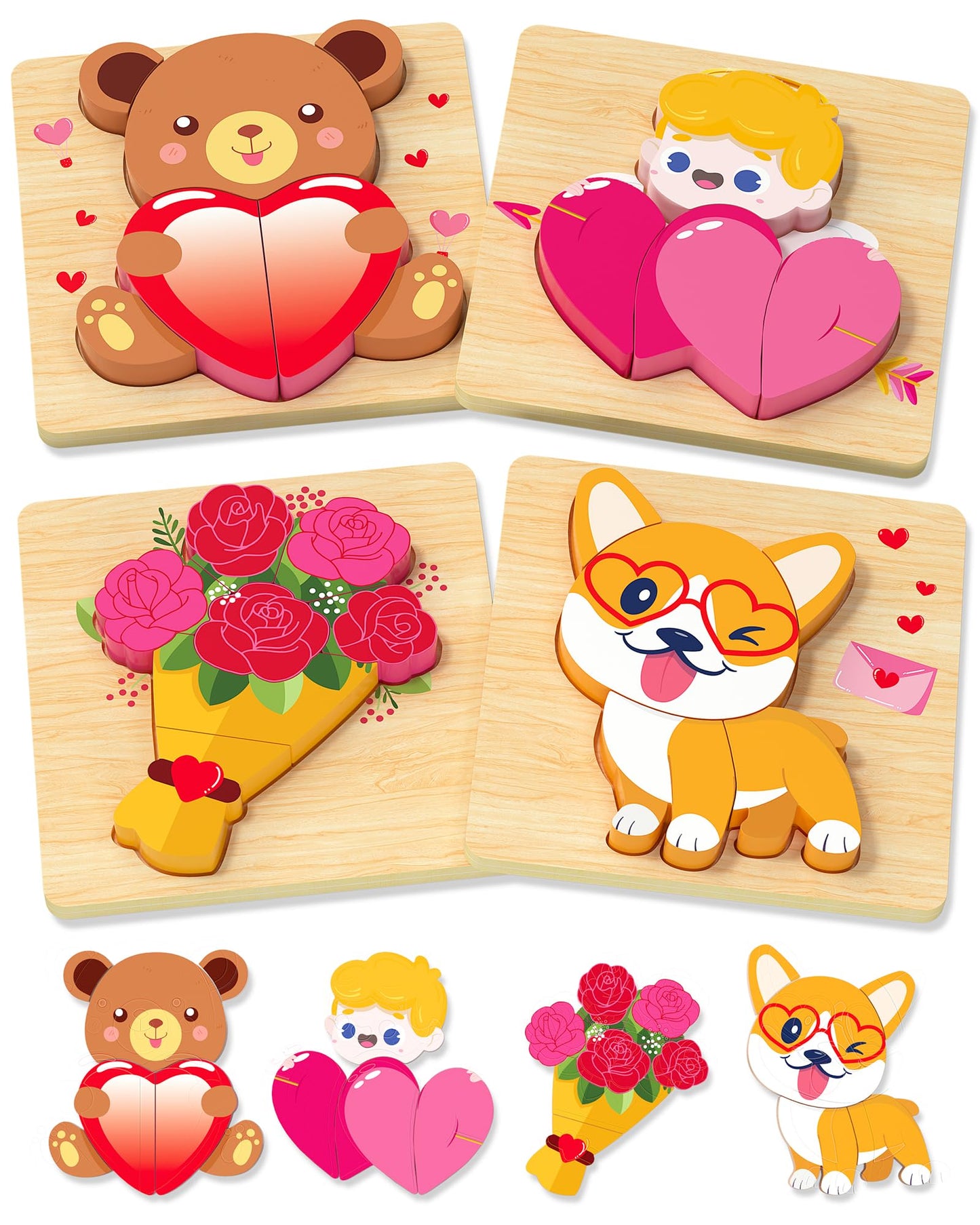 Benresive Valentines Day Wooden Toddler Puzzles Ages 1-3, Montessori Toys For 1 2 Year Old Boys Girls, 4 Pack Valentines Day Tod