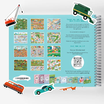 CUPKIN Sticker Book for Kids, 500+ Stickers, 12 Coloring Pages, Things With Wheels, Model CKSB-TWW, Ages 4-8, Toddler Travel Activity