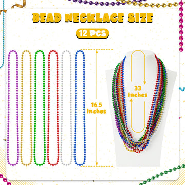 12 Pcs Mardi Gras Beads Necklaces, 33'' Metallic 6 Kinds Color Beaded Stuff Set, Festival Parade Throws, Colorful Assorted Carni