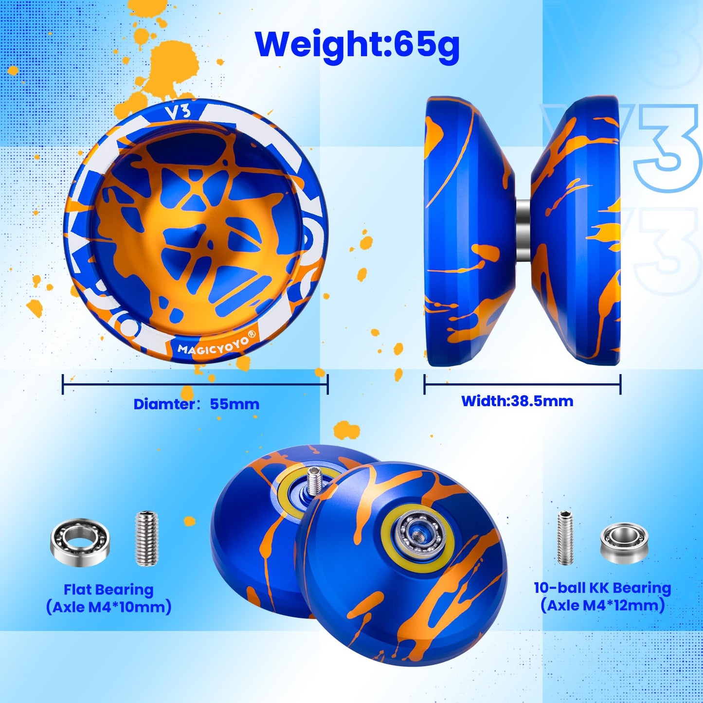 MAGICYOYO V3 Responsive Yoyo for Kids 8-12 Professional Yoyo for mature-themed Dual Purpose Metal Yoyo with KK Bearing + 12 Yoyo Strings Bearing Removal Axle Yo yo Case (Blue Glod Splash)