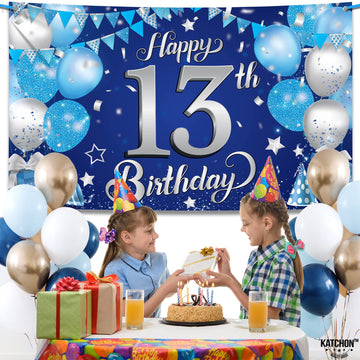 Katchon, Xtralarge Blue Happy 13Th Birthday Banner - 72X44 Inch | 13Th Birthday Decorations For Boys And Girls | Blue And Silver 13 Birthday Backdrop | Happy 13Th Birthday Decorations For Teenagers